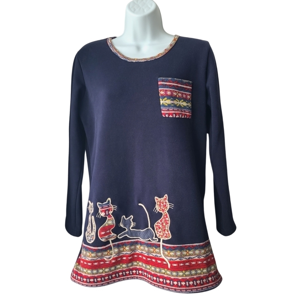 Cat Sweater Dress Cottagecore Grannycore Coastal Grandma Artsy Sz Small Western
